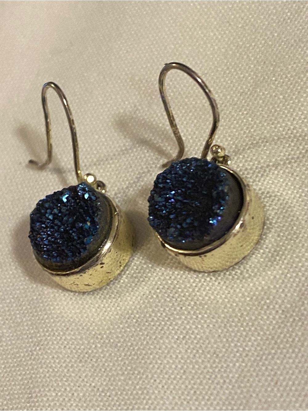 Gold  tone  Navy Blue Druzy Drop Earrings